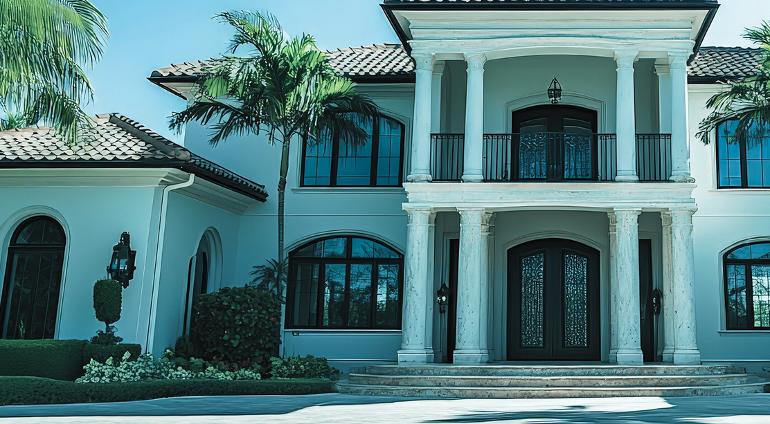 A large, elegant two-story luxury home with tall white columns, arched windows, double front doors, a balcony, and palm trees in front under a clear blue South Florida sky.