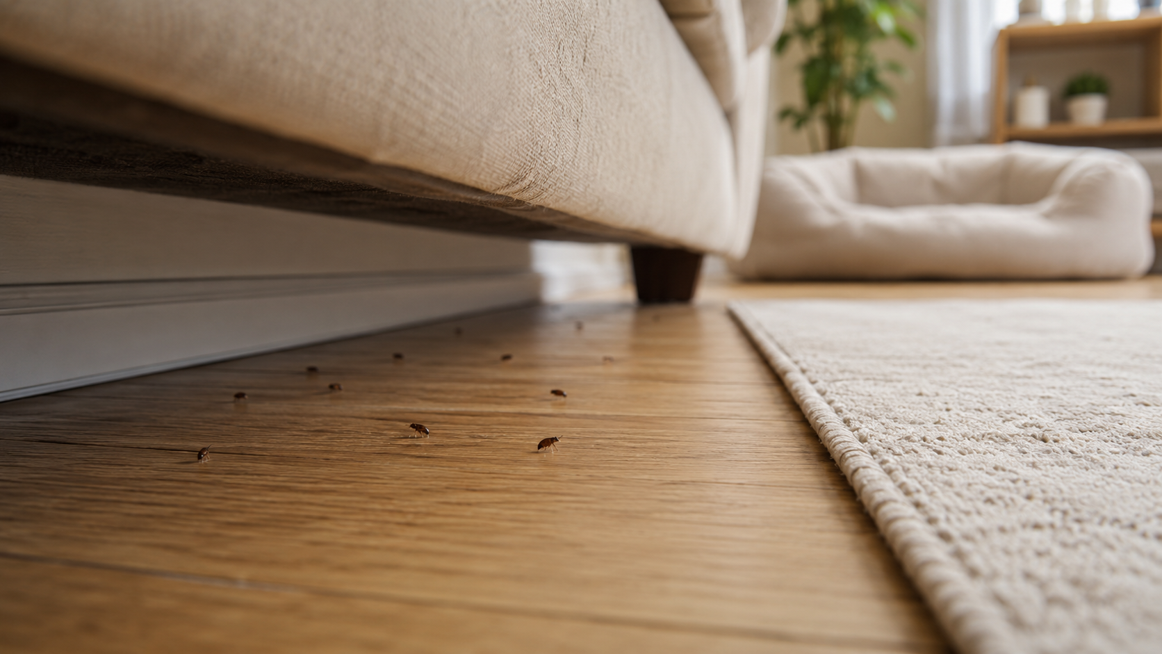 A group of ants crawls on a wooden floor near the edge of a beige sofa, next to a cream-colored rug in a bright, cozy living room—common sights during a home flea infestation, even for those with fleas without pets.