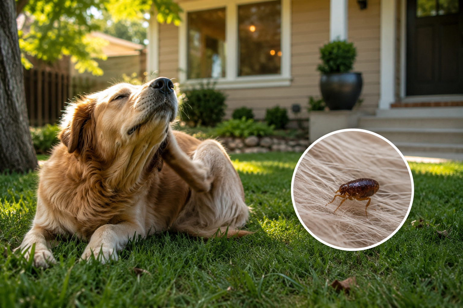 A dog sits on grass in front of a house, scratching its neck. An inset shows a close-up of a flea on fur, highlighting the importance of family safety and tick prevention for pets and their owners.