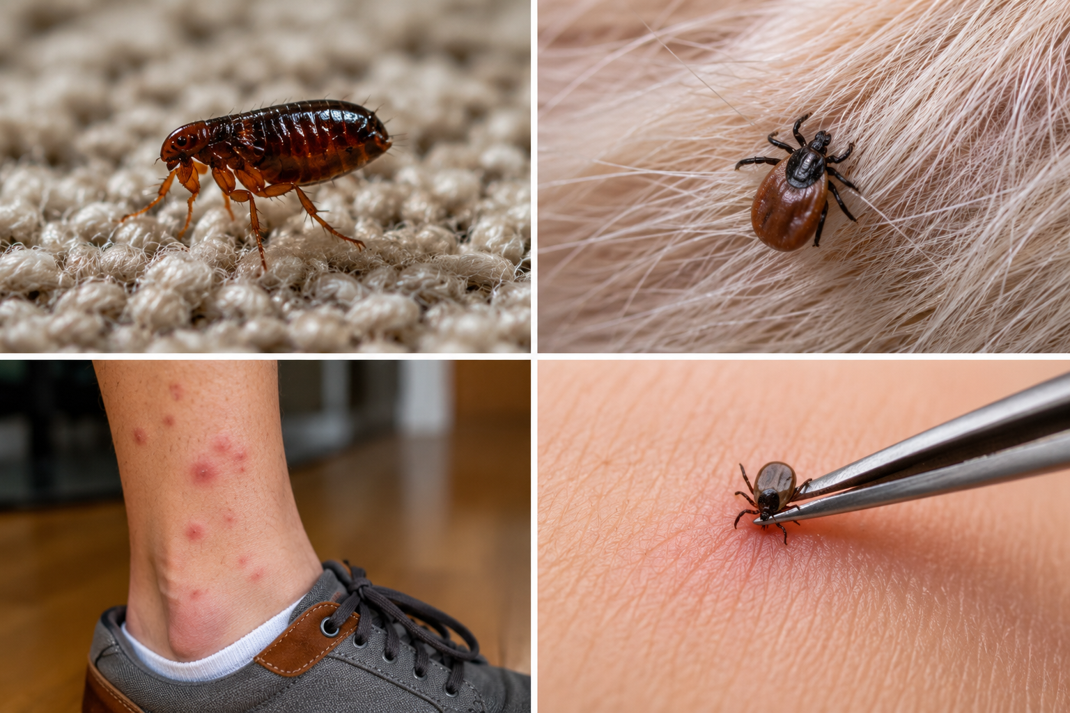 Four images: a close-up of fleas on carpet, a tick on animal fur, a person's lower leg with multiple red biting marks, and tweezers removing a tick from skin.