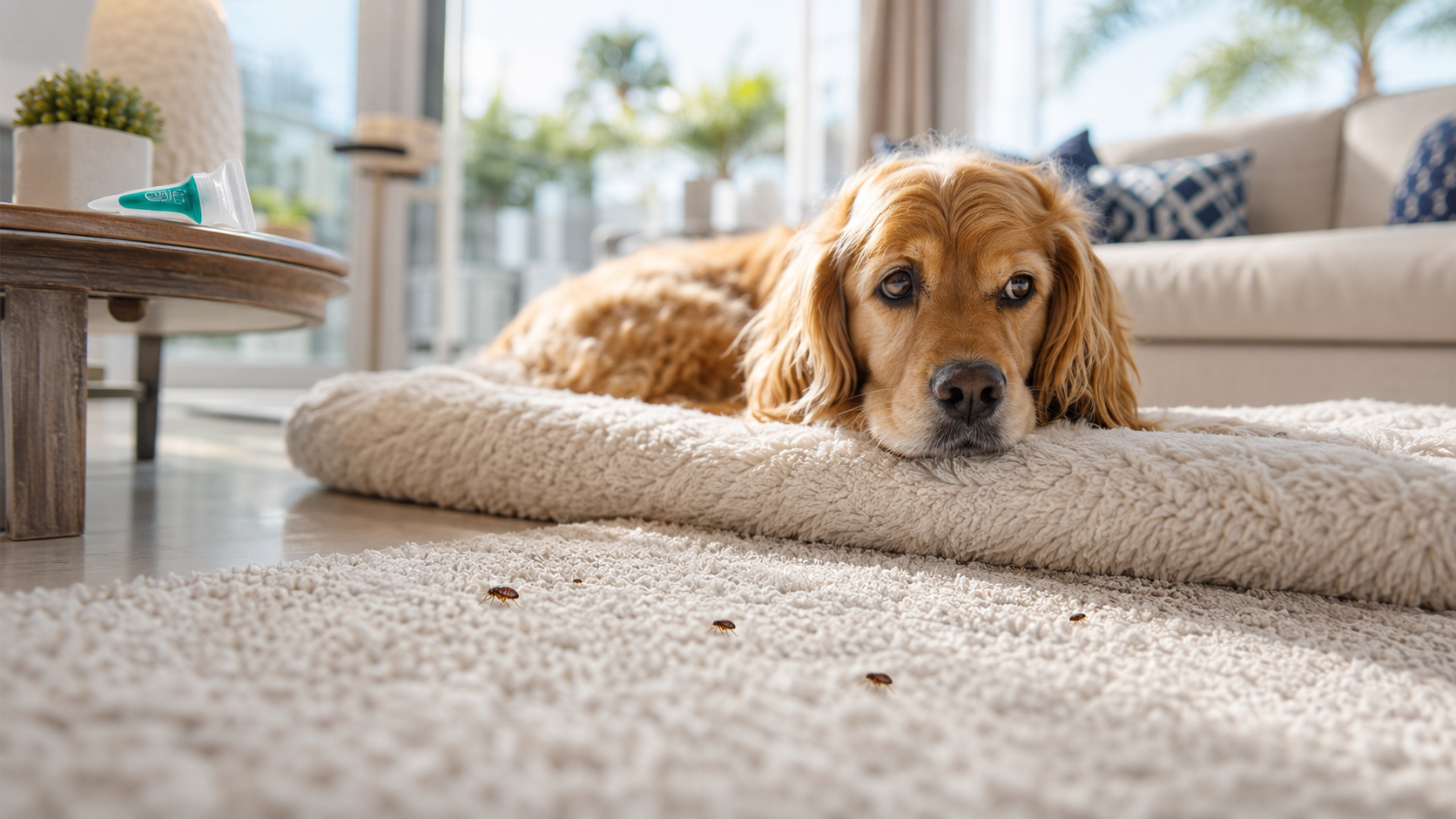 A golden-brown dog lies on a fluffy rug in a bright living room, looking sad. Flea problems are evident with several fleas visible on the carpet, showing the need for effective flea control and treating the pet.