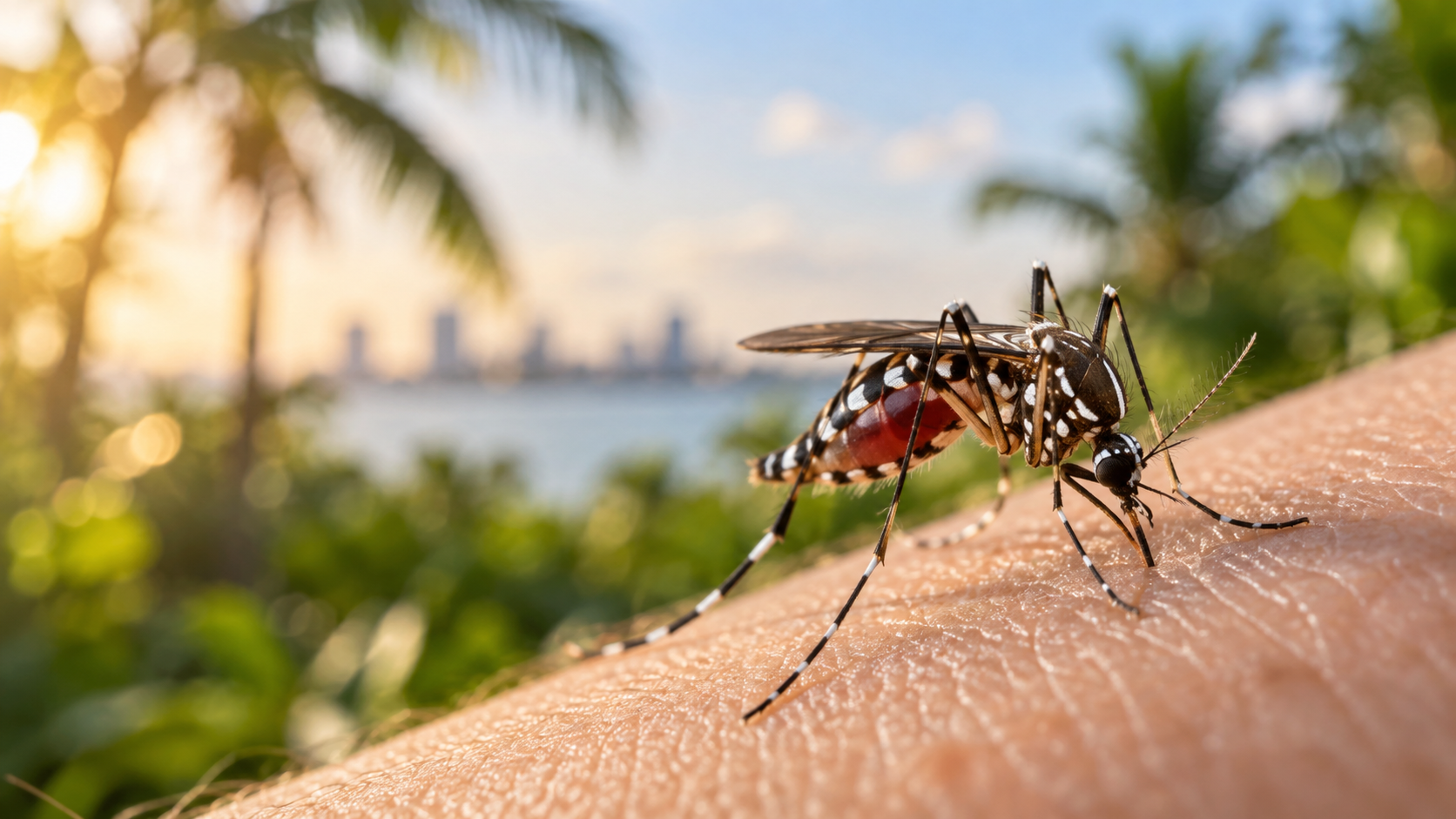 A close-up of a mosquito on human skin, with a blurred tropical background featuring palm trees, lush greenery, and a distant city skyline in sunlight—evoking the warm, humid atmosphere of South Florida where mosquitoes and concerns about Dengue are ever-present.