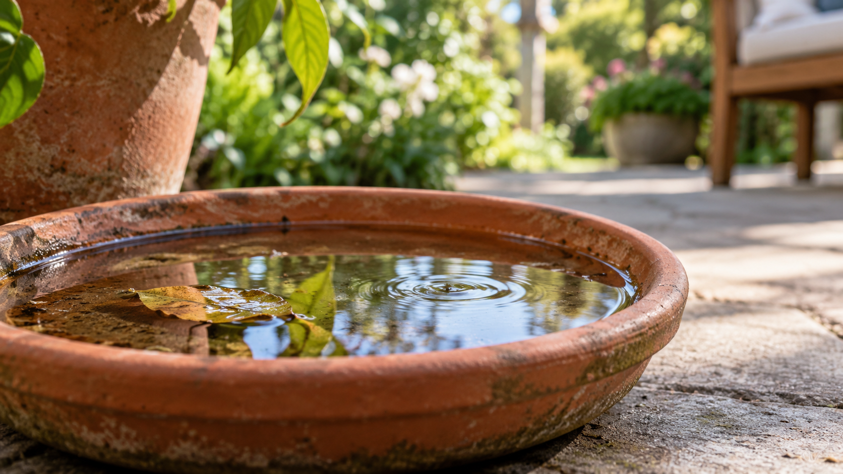 A shallow terracotta dish filled with water, reflecting leaves and sky, sits on a sunlit stone patio with green plants and a wooden chair in the blurred background—one of those hidden spots around your home that can easily become a site for mosquito breeding if left unnoticed.