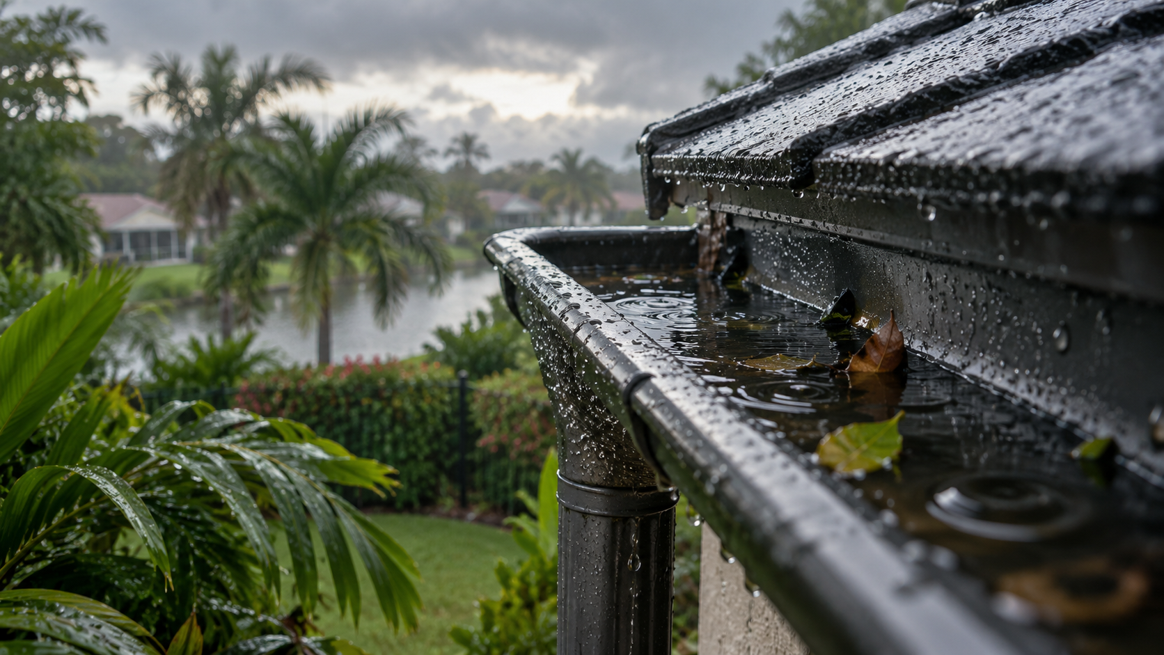 Rainwater fills a house gutter with leaves, surrounded by wet plants and palm trees, under a cloudy, gray sky—a reminder of the importance of professional mosquito control to help prevent standing water from becoming a breeding ground.