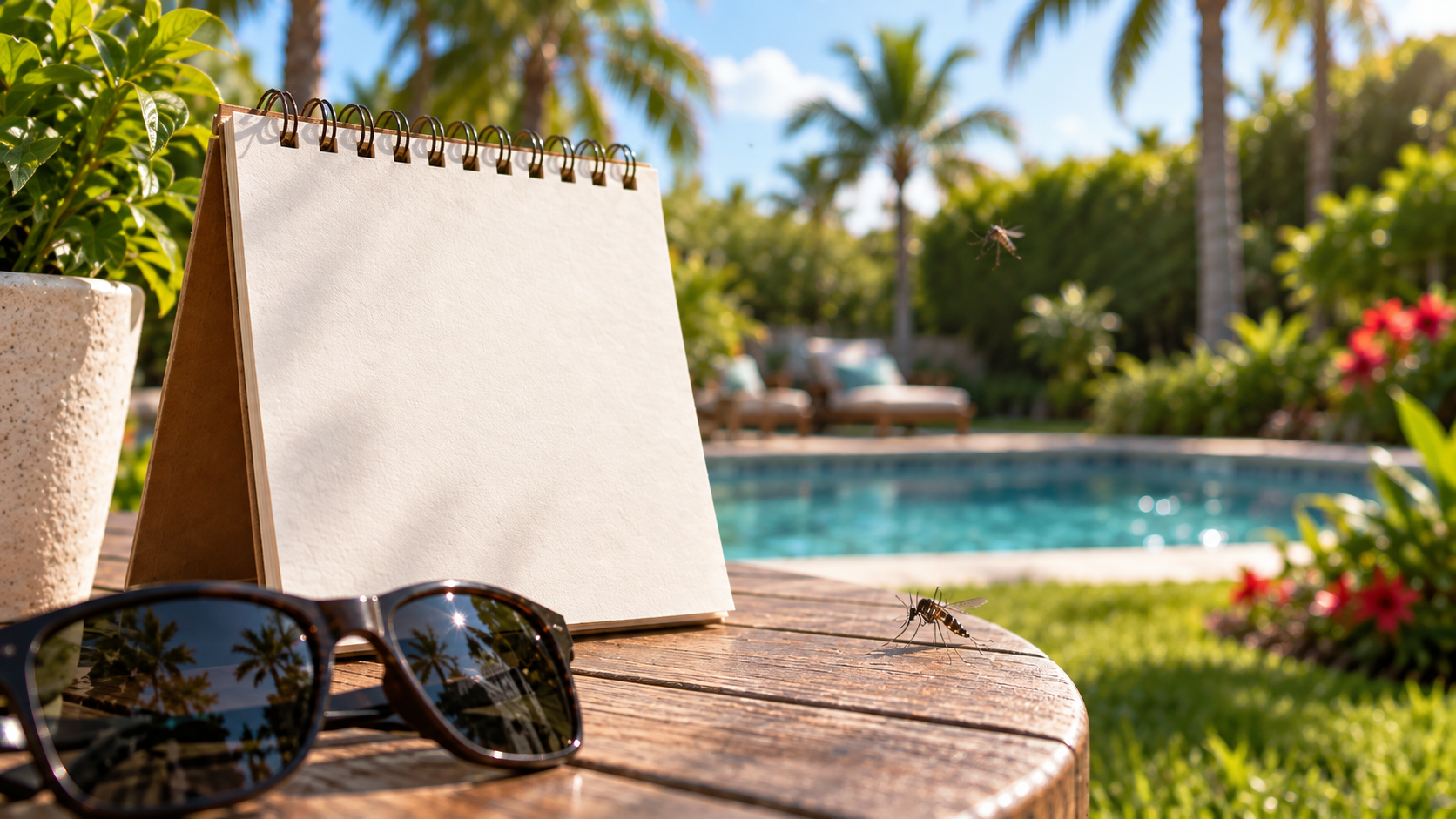 A blank spiral notepad sits on a wooden table by a pool, with sunglasses nearby and palm trees, plants, and lounge chairs in the background on a sunny day.