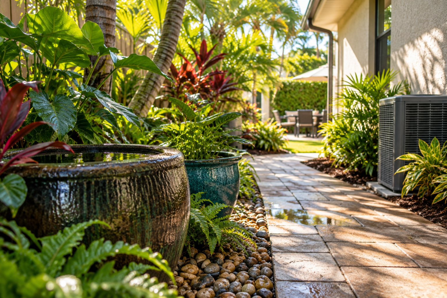 Two large garden pots, which can be breeding grounds for Aedes mosquitoes, sit beside a stone walkway in a lush backyard garden.